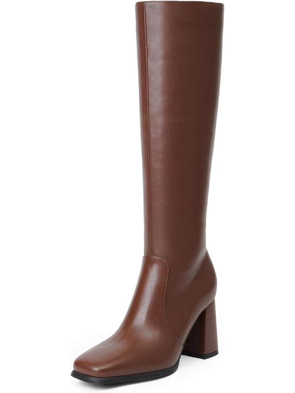 Women's Brown Square Toe Chunky Heel Side Zipper Knee High Tall Gogo Boot Shoes